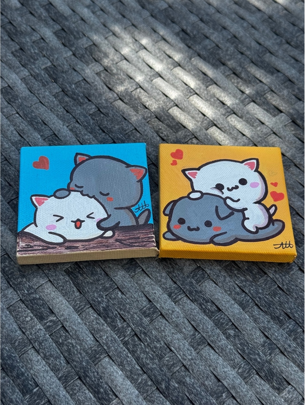 Set of 2 Mini Cat Canvas Paintings Cute Kitty Love Wall Art Handmade Style